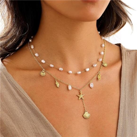 Shell Charm Necklace | 14K Gold Plated Pearl & Starfish Layered Pendant. - Picture 1 of 5